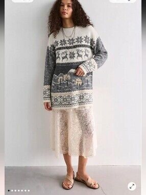 Vintage Grace long sweater arctic deers nordic landscape neutral tone Medium @M
